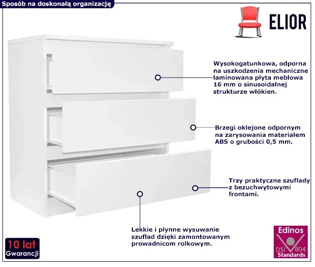 Biała minimalistyczna komoda z 3 szufladami - Glenn 5X