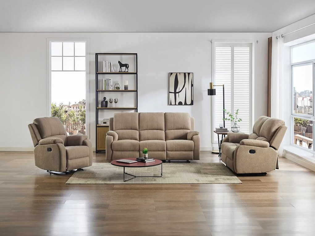 Kanapa 3-osobowa, 2-osobowa i fotel z funkcją relax z mikrofibry taupe - BRODY