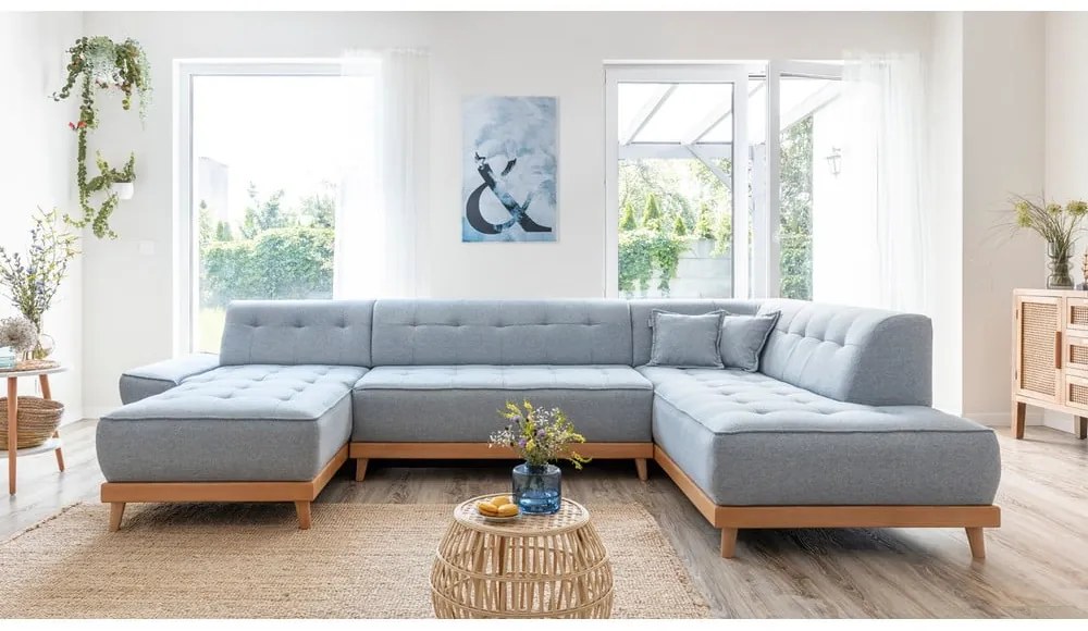Jasnoniebieska rozkładana sofa w kształcie litery "U" Miuform Dazzling Daisy, prawostronna