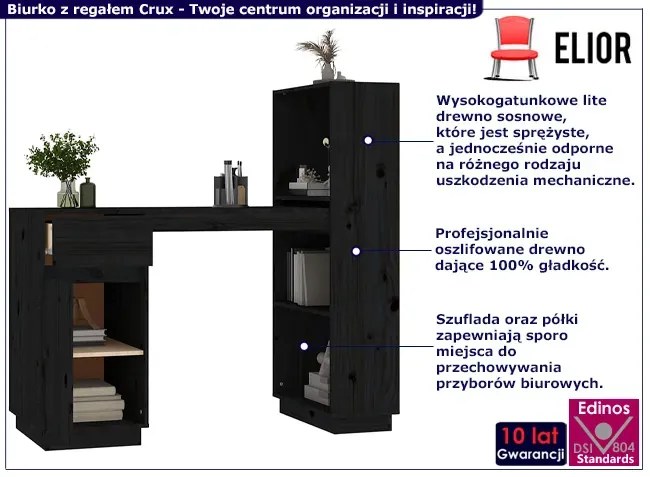 Czarne drewniane biurko z regałem - Crux