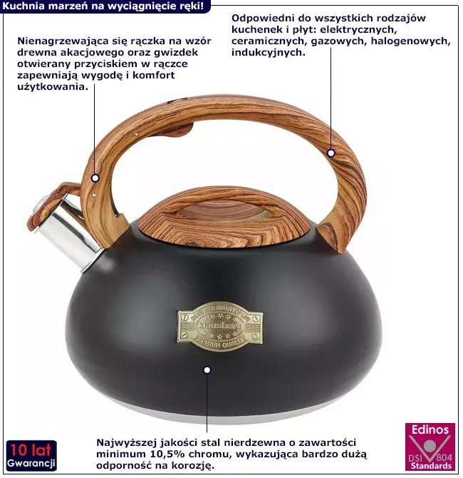 Czarny czajnik z gwizdkiem o wykończeniu satynowym 3L A3-T37