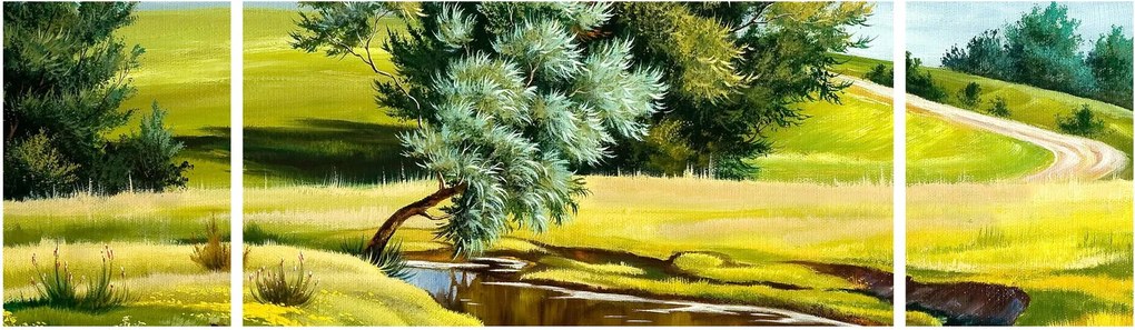 Obraz - rzeka między łąkami, obraz olejny (170x50 cm)