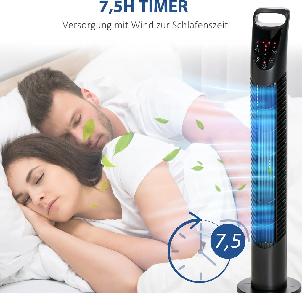 HOMCOM Wieżowy Wentylator, 3 Tryby, Cicha Praca, Timer, Pilot, 18x78,5cm, Czarny