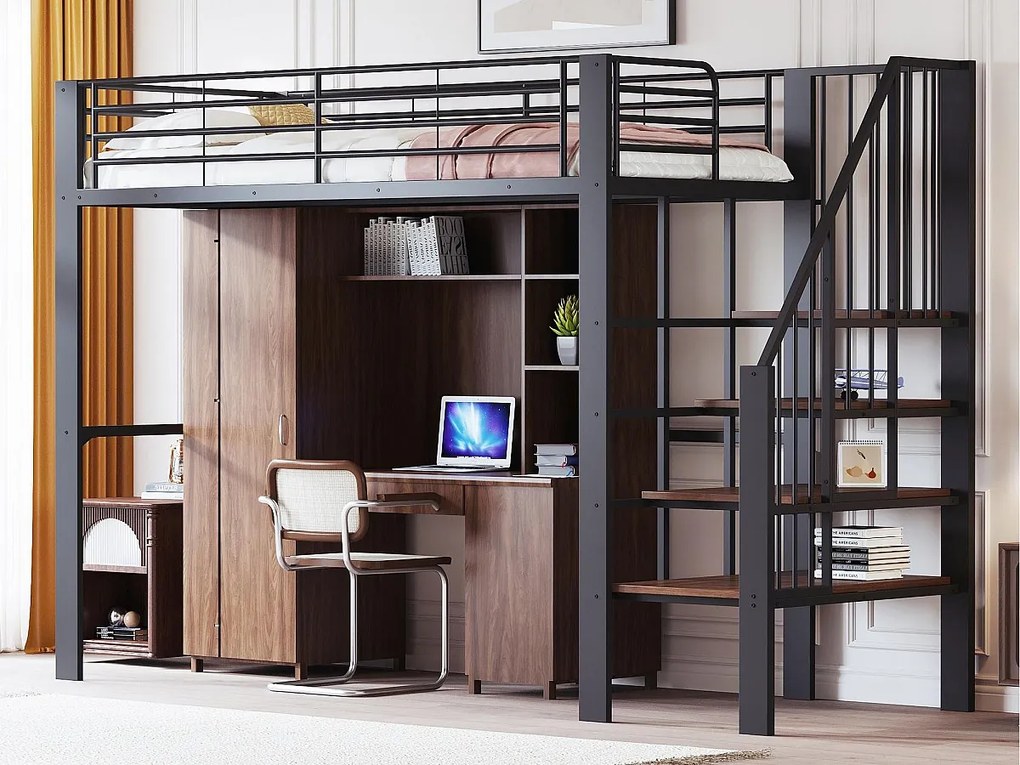 Łóżko piętrowe 90×200 cm - z drabiną - z barierkami bezpieczeństwa - duża przestrzeń do przechowywania pod łóżkiem - czarne (materac nie jest zawarty)