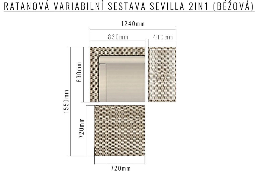 Rattanowy zestaw regulowany SEVILLA 2w1 (beżowy)