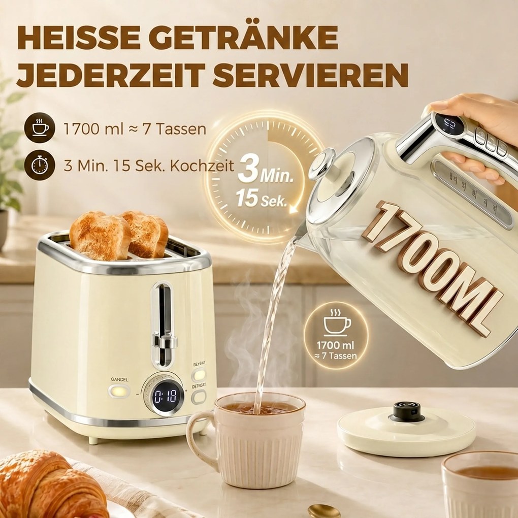 HOMCOM Zestaw czajnik i toster z wyświetlaczem LED, czajnik 1,7-l z 3 godz. funkcją podtrzymywania ciepła, kremowy | Aosom PL