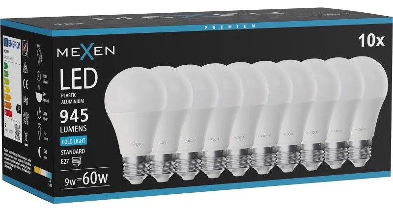 Mexen Nova 10x żarówka LED E27, A60, 9W, Zimna - 6500K, 945 lm - L100-E27-0965-01x10