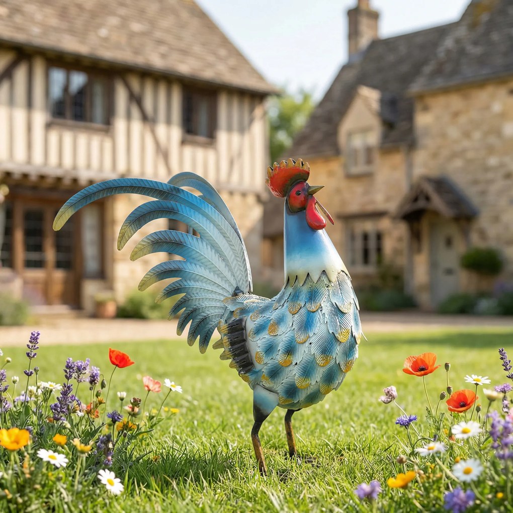 Outsunny Figura koguta do ogrodu, metalowa dekoracja, 41 cm, stojąca rzeźba z kotwami gruntowymi, wielokolorowa | Aosom PL