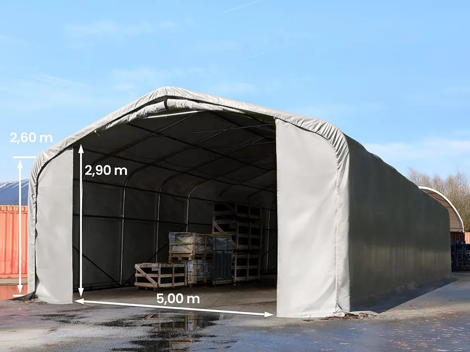 TOOLPORT 7x21m Hala namiotowa - 2,6 m wysokość ścian bocznych z 5x2,9m brama, PVC 850, szary, bez statyki - (49530)