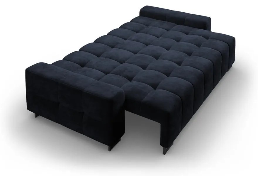Ciemnoniebieska aksamitna rozkładana sofa ze schowkiem 250 cm Wicklow – Cosmopolitan Design