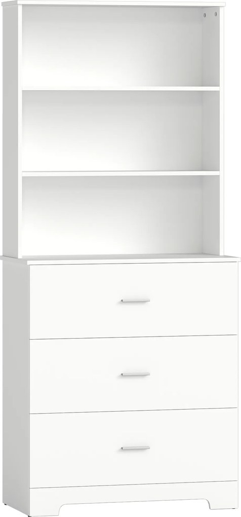 HOMCOM Regał na książki, wysoki regał/witryna z 3 szufladami i 3 otwartymi półkami, do salonu i kuchni, 79x39,5x180 cm, biały