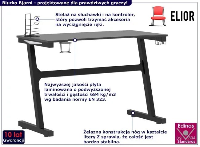 Czarne biurko gamingowe LED młodzieżowe - Bjarni