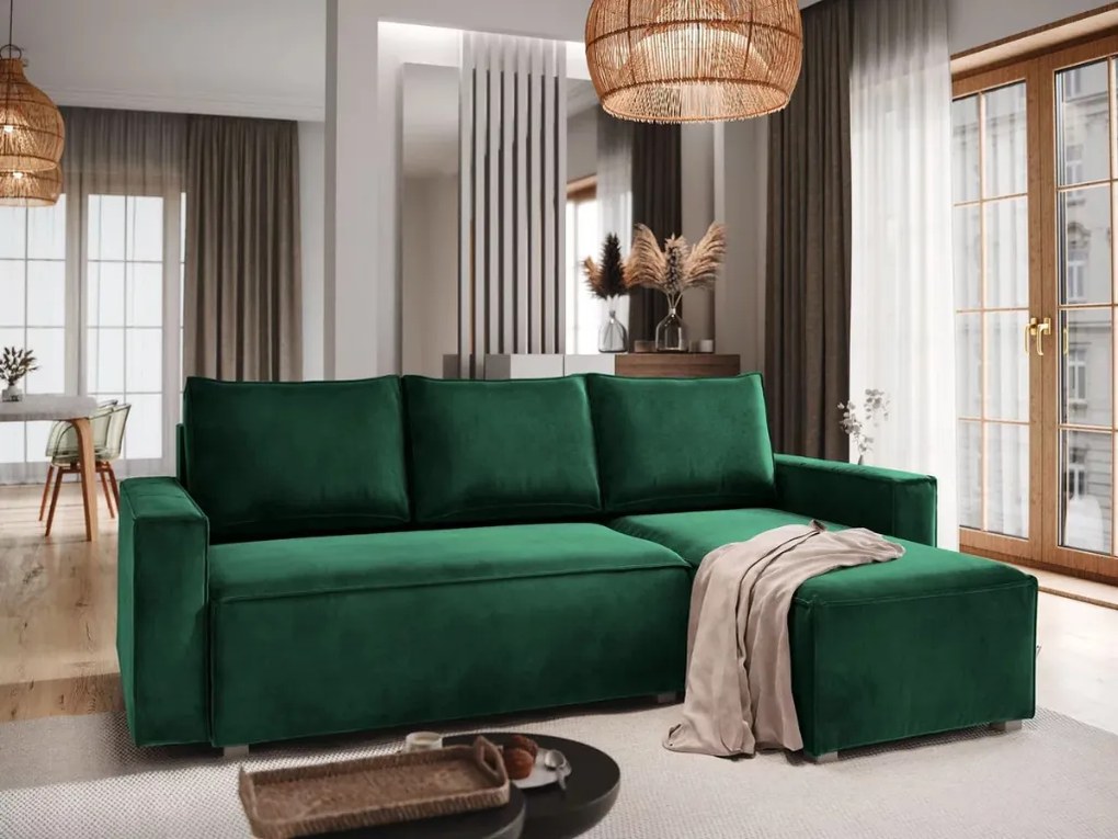 PROMOCJA Ciemnozielona rozkładana sofa narożna CAVELO, dwustronna II gatunek