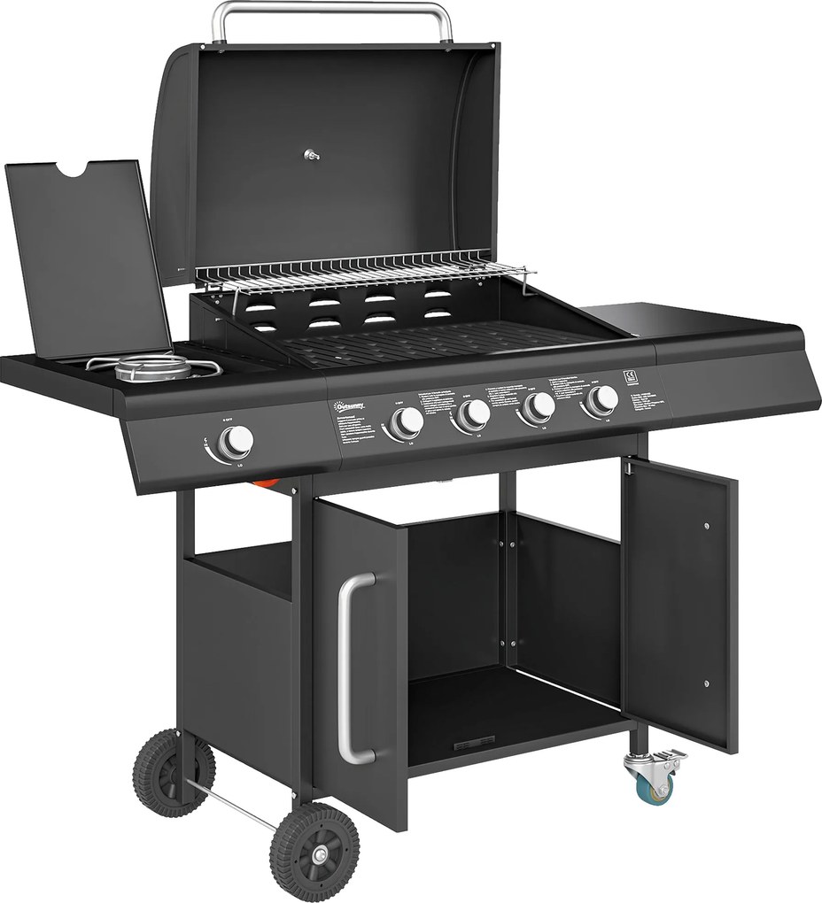 Outsunny Grill Gazowy 15,2 KW na Wózku z 5 Palnikami Nierdzewnymi Boczny Palnik 129,5 x 56 x 110 cm Czarny