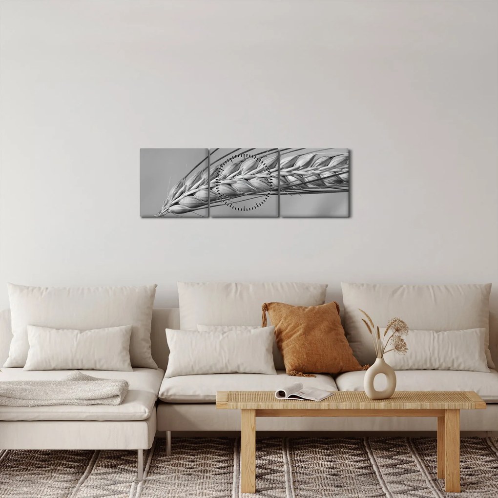 Obraz - Pszenica, czarno - biały (z zegarem) (90x30 cm)