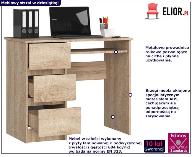Biurko komputerowe do pracy dąb sonoma - Miren 3X