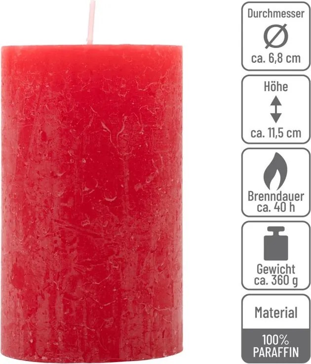 Zestaw świec rustykalnych, 11,5 cm, Ø 6,8 cm, czerwony, 6 sz