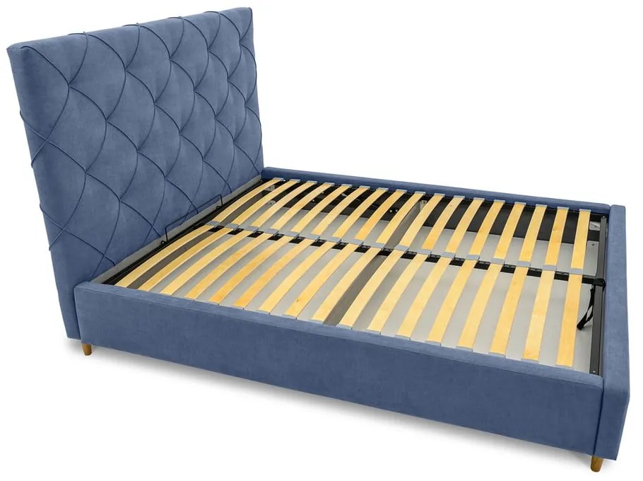 Niebieskie tapicerowane łóżko dwuosobowe ze schowkiem i stelażem 140x190 cm Bee – Scandic