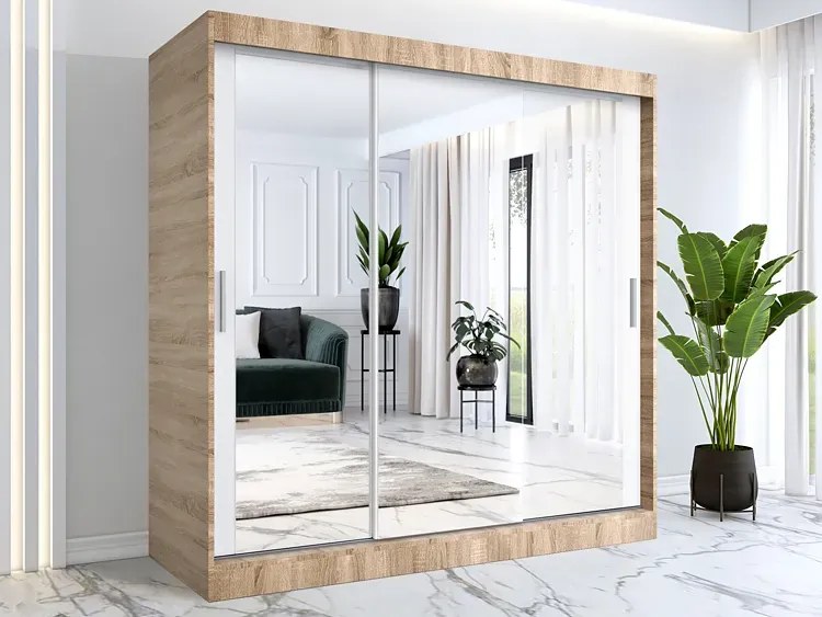 Szafa Przesuwna Biały Z Lustrem Dąb Sonoma + 200 Cm 90 Cm K8-D05