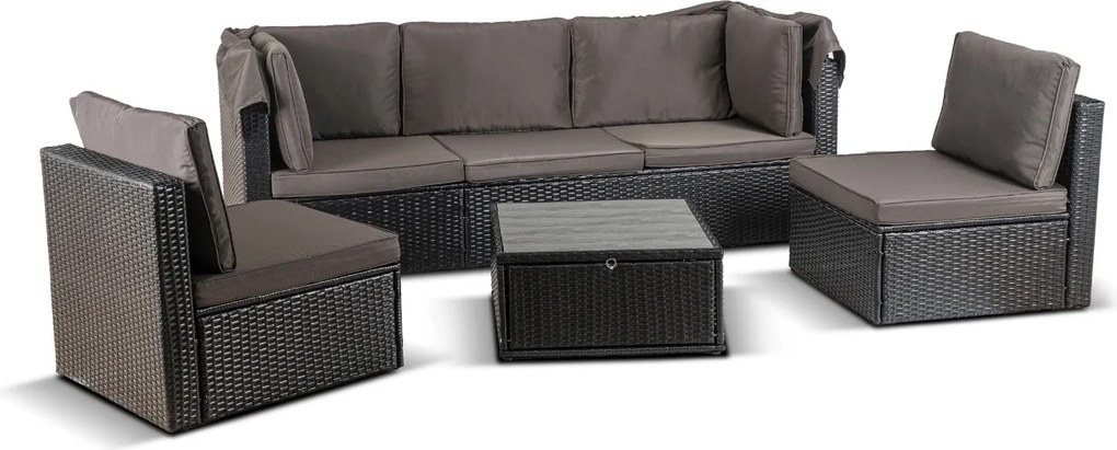 Zestaw mebli ogrodowych Verano 2w1 z daszkiem, czarny technorattan, poduszki brąz