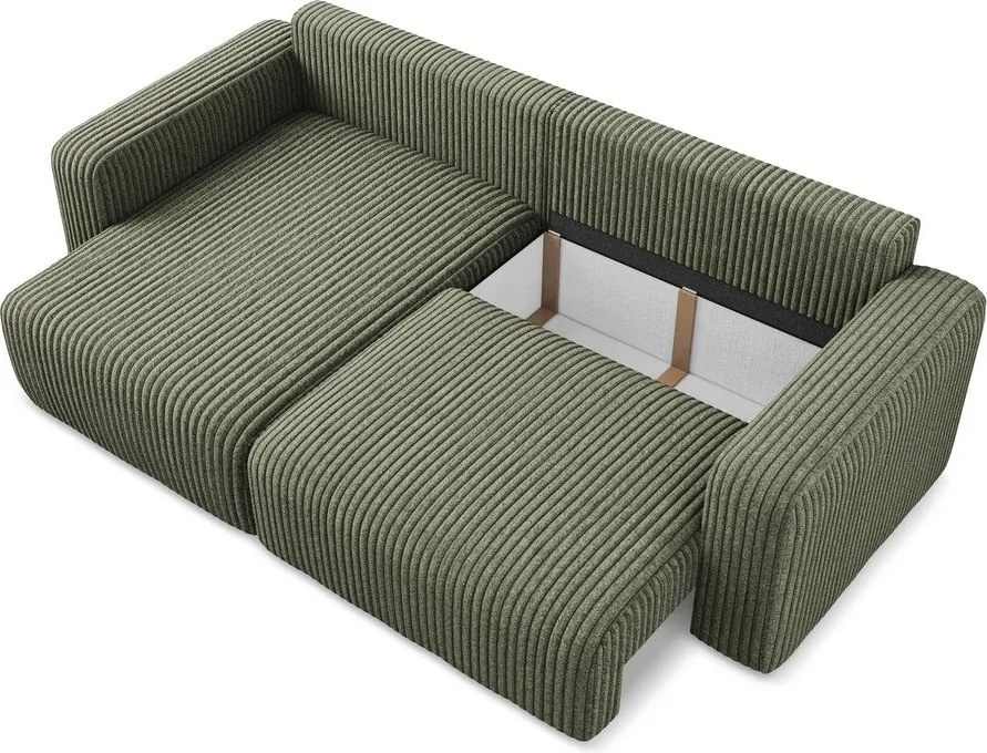 Zielony sztruksowy rozkładany/ze schowkiem narożnik (lewostronny/z szezlongiem) Kona – Makamii