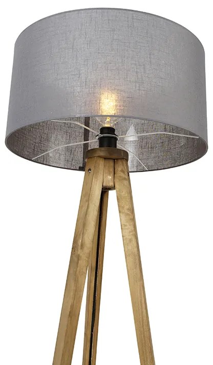 Rustykalna lampa stojąca na trójnogu z drewnianą podstawą i ciemnoszarym kloszem 50 cm - Tripod Classic Rustykalny / Vintage Oswietlenie wewnetrzne