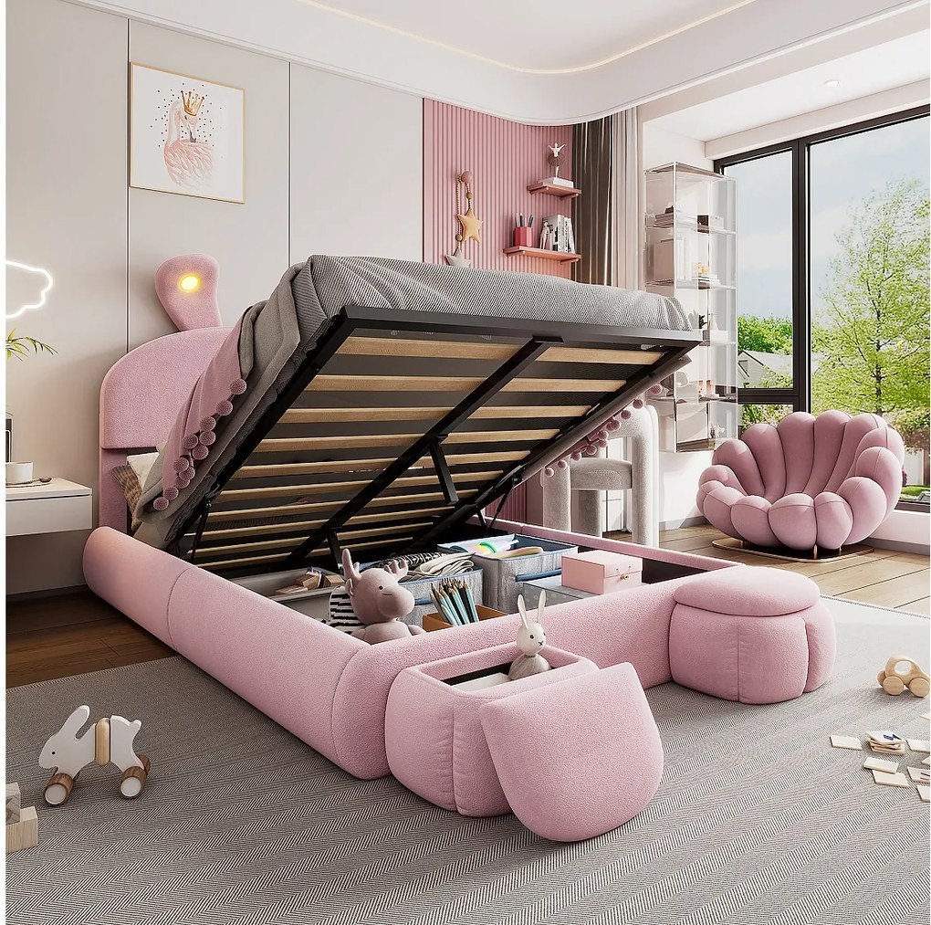 Łóżko podwójne ze schowkiem - 140 x 200 cm - z 2 stołkami ze schowkiem - uszy królika z diodami LED - aksamit - różowy