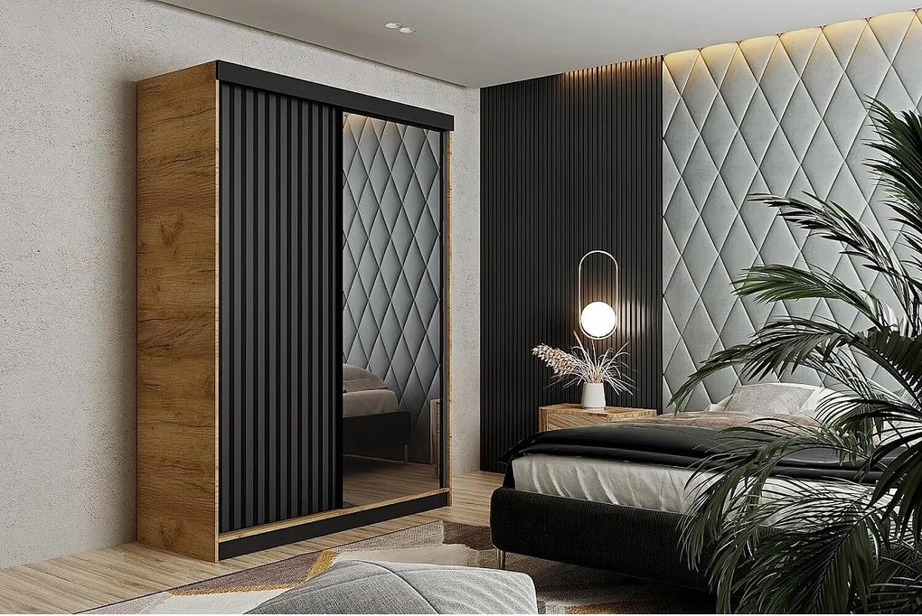 Szafa przesuwna z lustrem lamele MALANI 138 dąb craft złoty + grafit