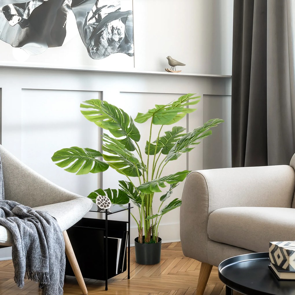 HOMCOM Sztuczna Roślina Monstera Deliciosa z Realistycznym Wyglądem, Doniczka i Cementowa Ziemia, 17,5 cm x 17,5 cm x 120 cm, Zielona