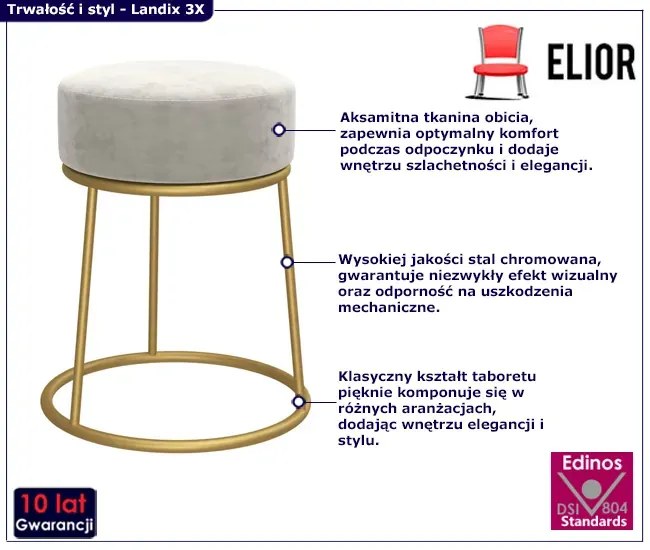 Okrągły szary welurowy taboret w stylu glamour P5-L64