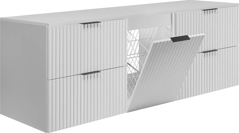 Szafka łazienkowa wisząca pod umywalkę z koszem na pranie, biały, uchwyty czarne, 160 x 46 x 57 cm