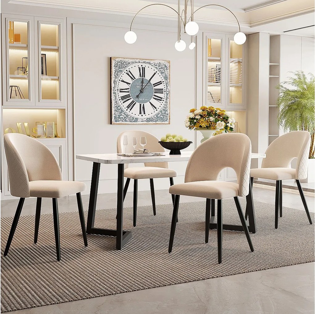 Zestaw stołowy 117 x 68 cm + 4 krzesła muszlowe - aksamit i czarne metalowe nogi - wzór diamentowy - beżowy