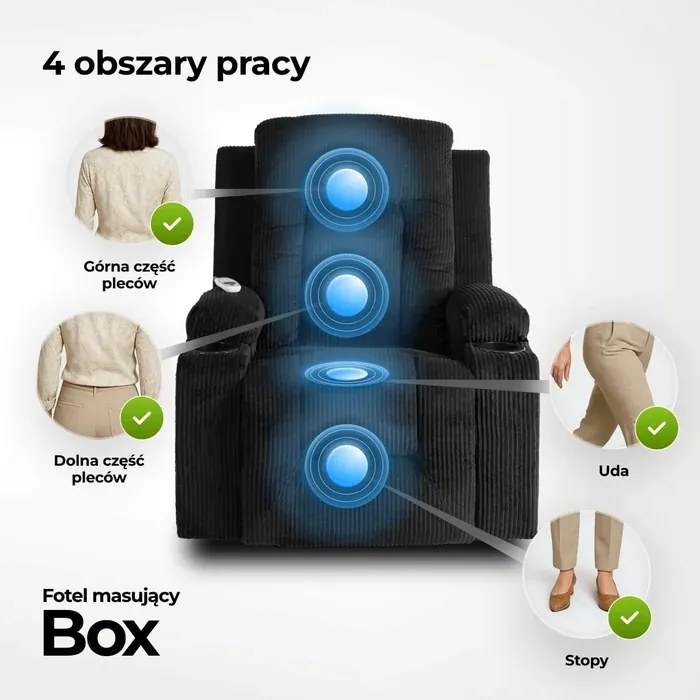 Fotel Masujący BOX Rozkładany Wypoczynkowy z Podnóżkiem Czarny Sztruksowy Loft