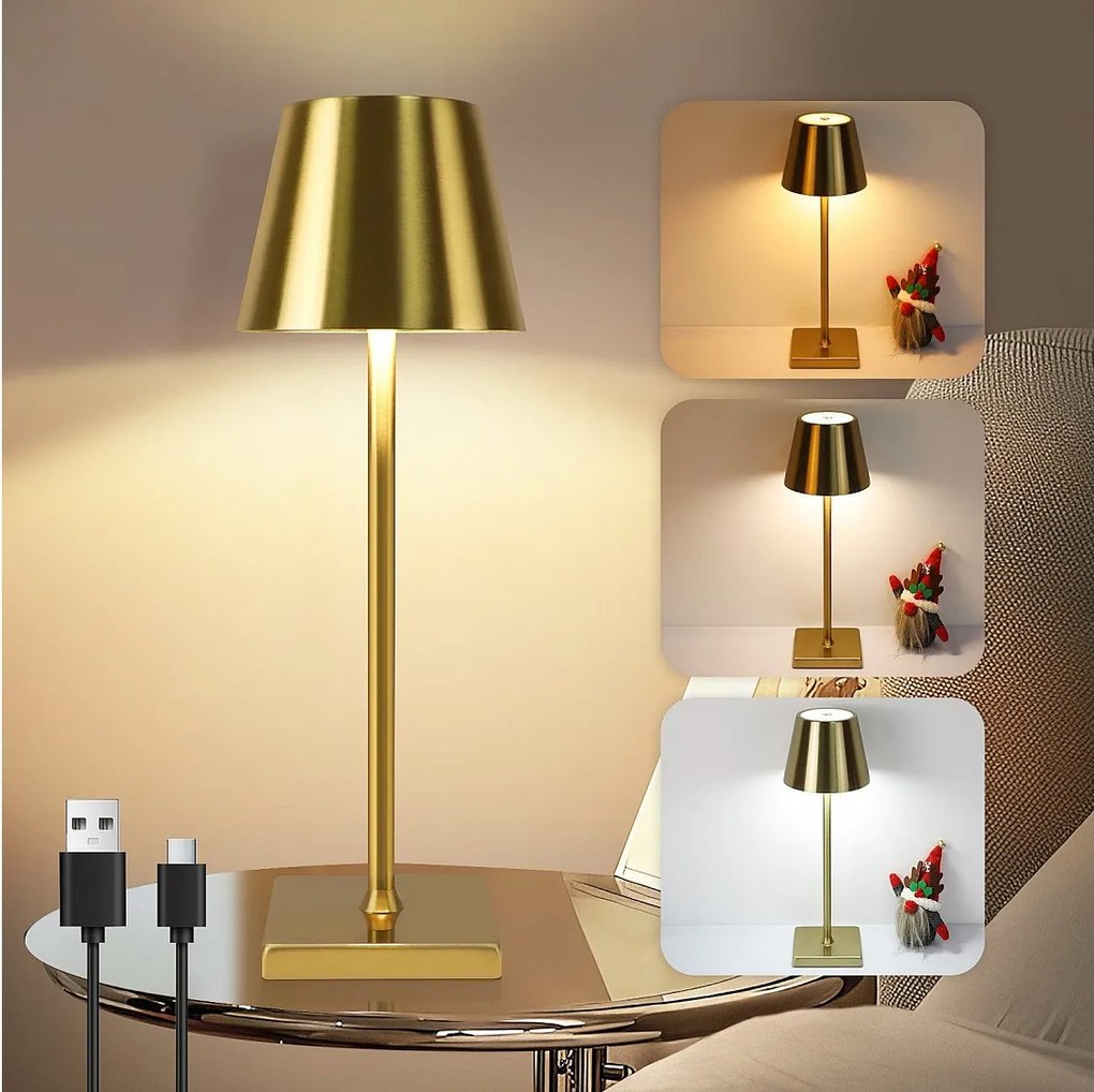 NETTLIFE Vintage Gold LED Lampa stołowa Bezprzewodowa dotykowa ściemnialna Lampka nocna 3 temperatury barwowe