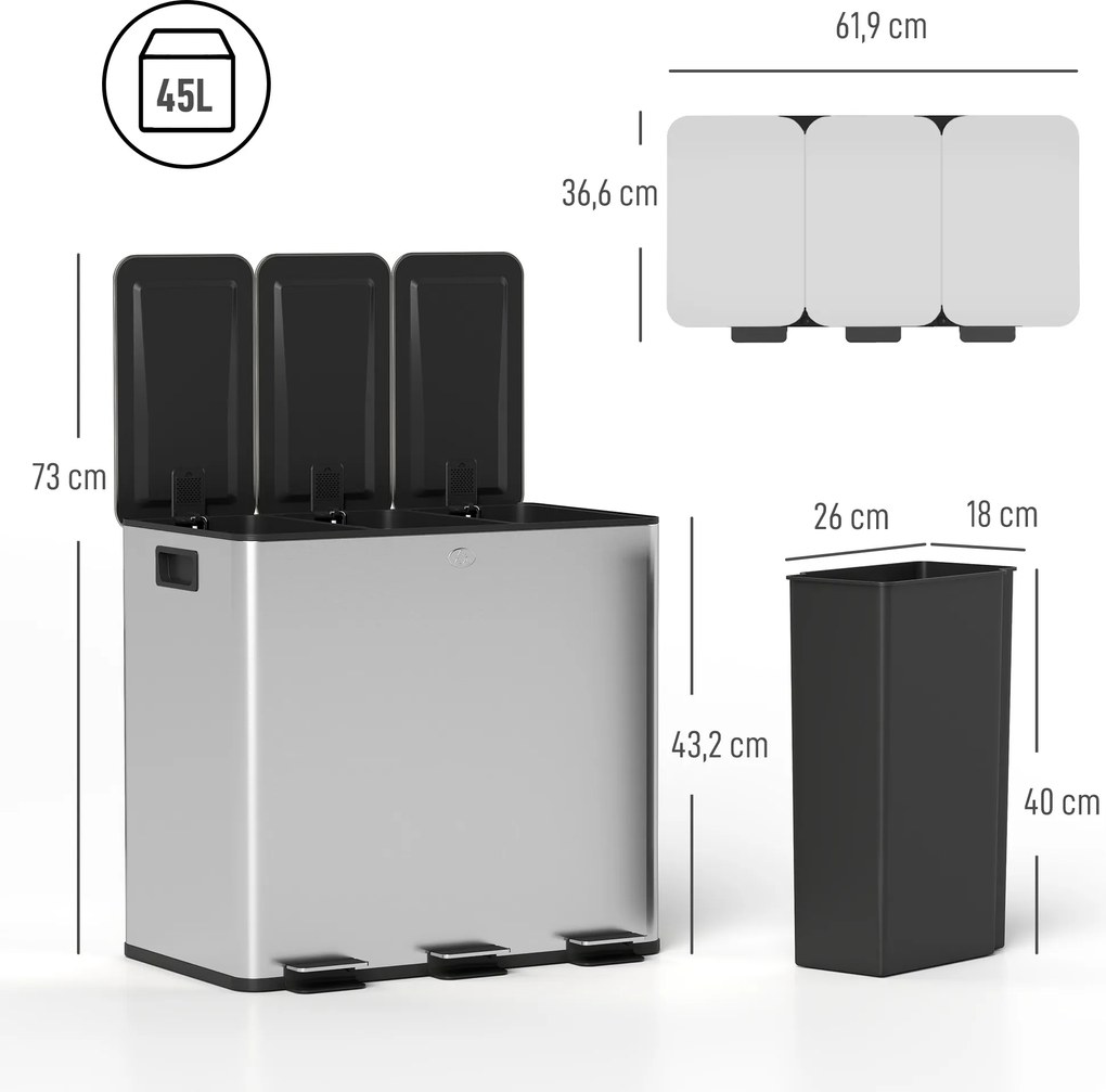 HOMCOM Kosz na śmieci z 3 x 15 L komorami, pokrywy dezodorantowe, odporny na odciski, Soft-Close, wyjmowany, Srebrny