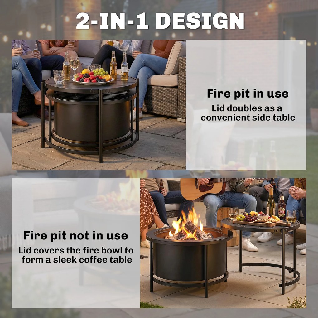 Outsunny Palenisko 66 x 63 x 41 cm Okrągłe miejsce na ognisko z rusztem, pogrzebaczem, pokrywą, stojakiem, czarne | Aosom PL