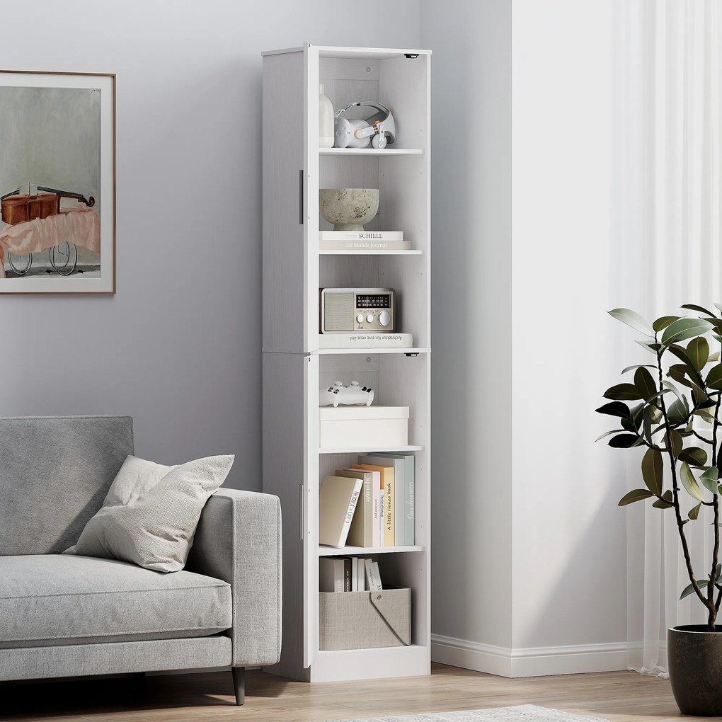 HOMCOM Wysoka szafka łazienkowa 180 cm wąska biała z 2 drzwiami i 4 regulowanymi półkami | Aosom PL