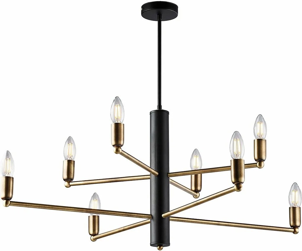 Lampa wisząca Isak z czarnego lakierowanego żelaza z wykończeniem z szczotkowanego mosiądzu, 8 świateł, H.66 Ø86 BL311-8-NR