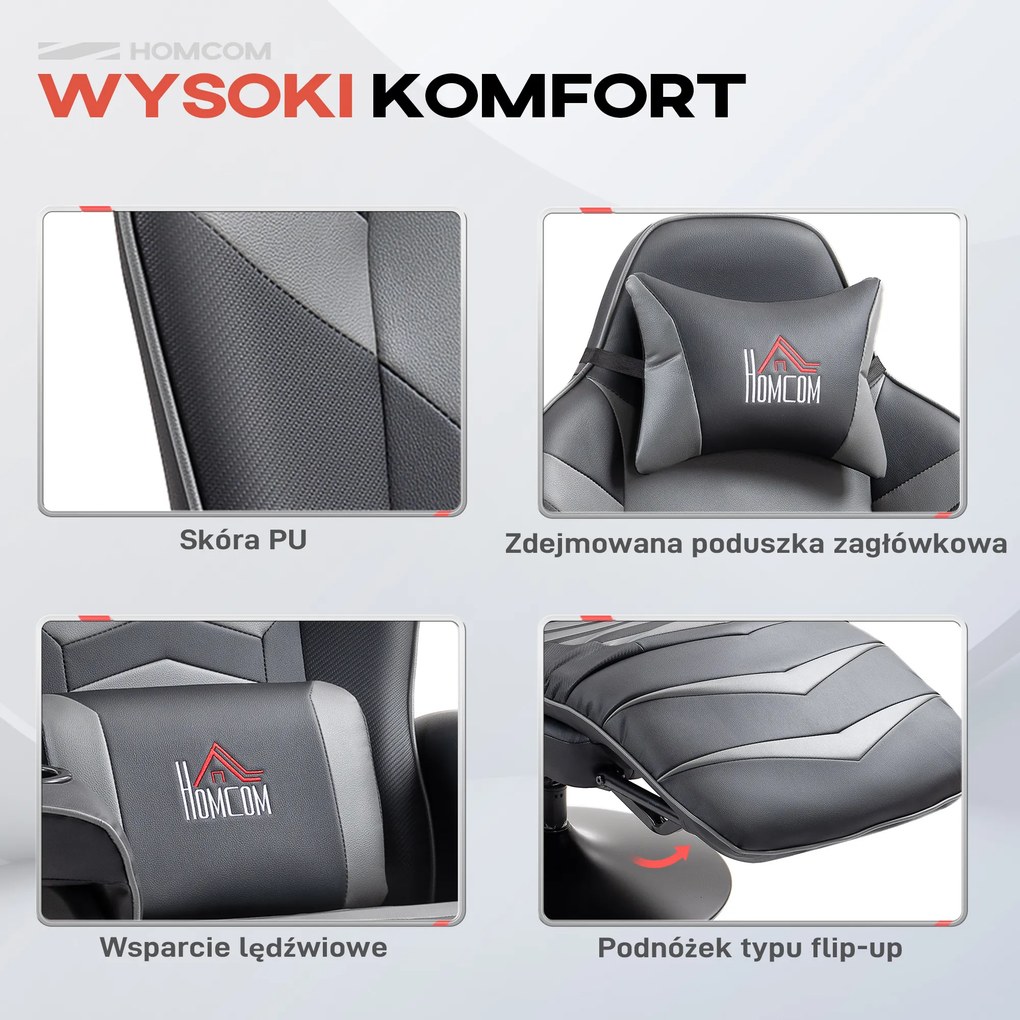 HOMCOM Fotel do gier z funkcją masażu, regulowane oparcie, podnóżek, do 120 kg, konstrukcja stalowa, Skóra Ekologiczna, Szary