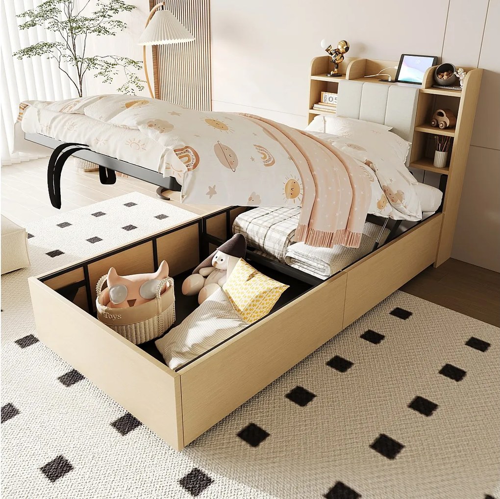 Łóżko z pojemnikiem 90x200 cm, zagłówek ze schowkiem i portem USB, naturalne drewno - bez materaca