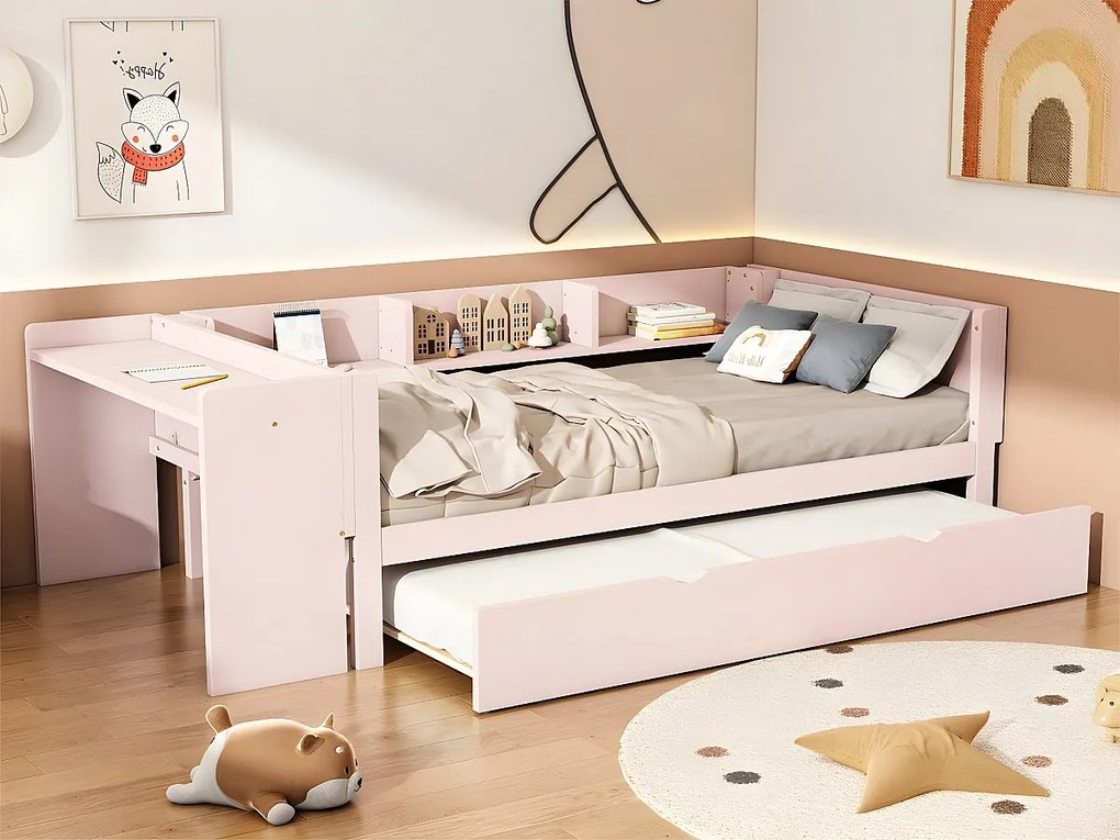 Łóżko pojedyncze 90x200 cm z łóżkiem wysuwanym - z biurkiem obok - Różowe