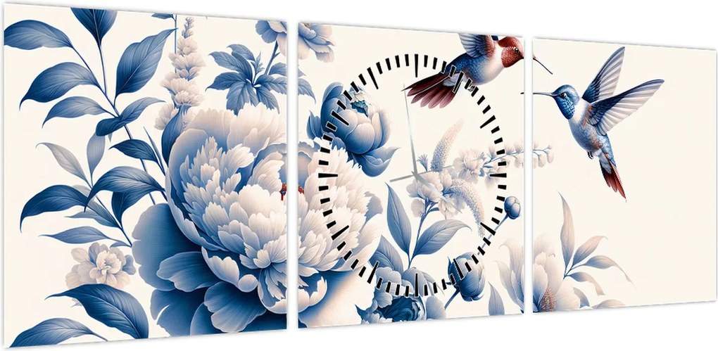Obraz - Kolibry nad kwiatem (z zegarem) (90x30 cm)