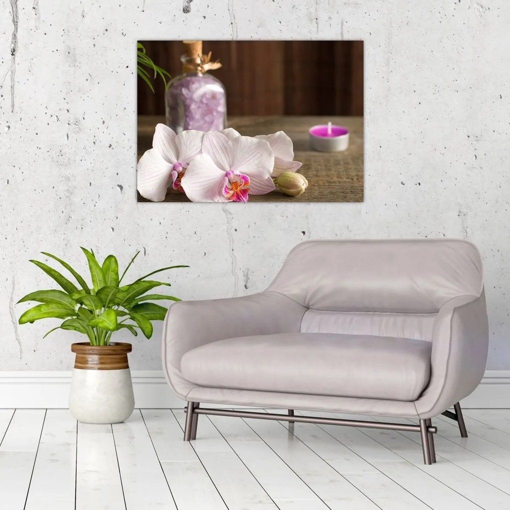 Obraz - Świeca i orchidee (70x50 cm)