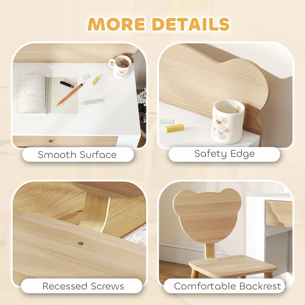 AIYAPLAY Zestaw biurka i krzesła dla dzieci z misiem i szufladą, do pisania i majsterkowania, 3-8 lat, Drewno naturalne