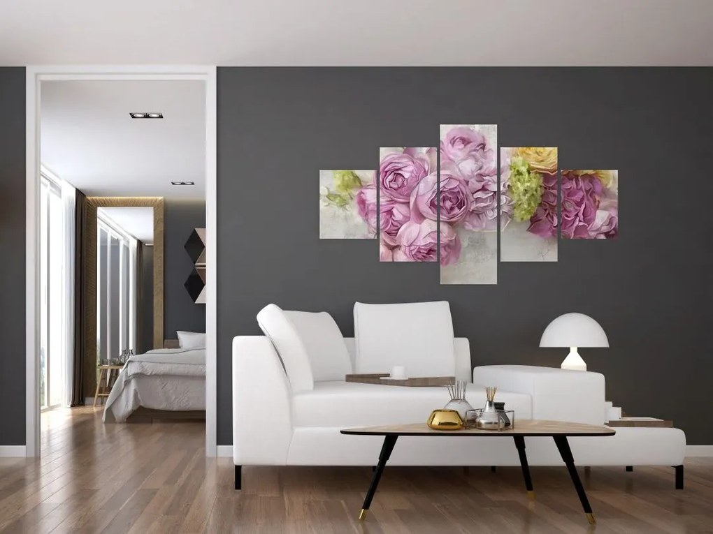 Obraz - Kwiaty na ścianie w pastelowych kolorach (125x70 cm)