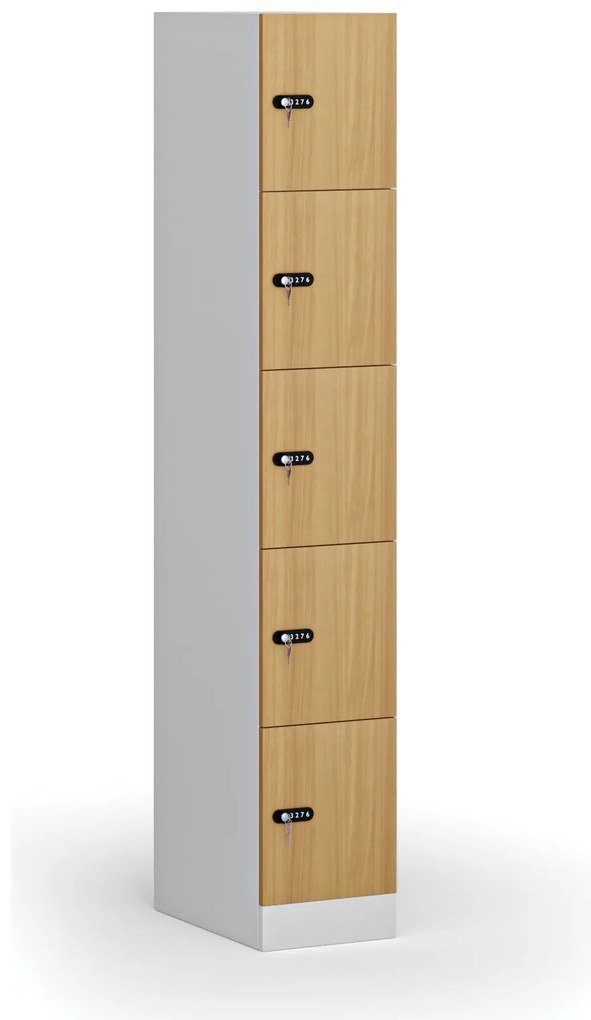 Szafka skrytkowa S1, 5 schowków, 1850 x 300 x 500 mm, zamek mechaniczny z kodem, drzwi laminowane, buk