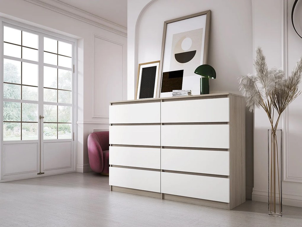Komoda z 8 szufladami, dąb sonoma / biały mat, 138 x 101 x 39 cm