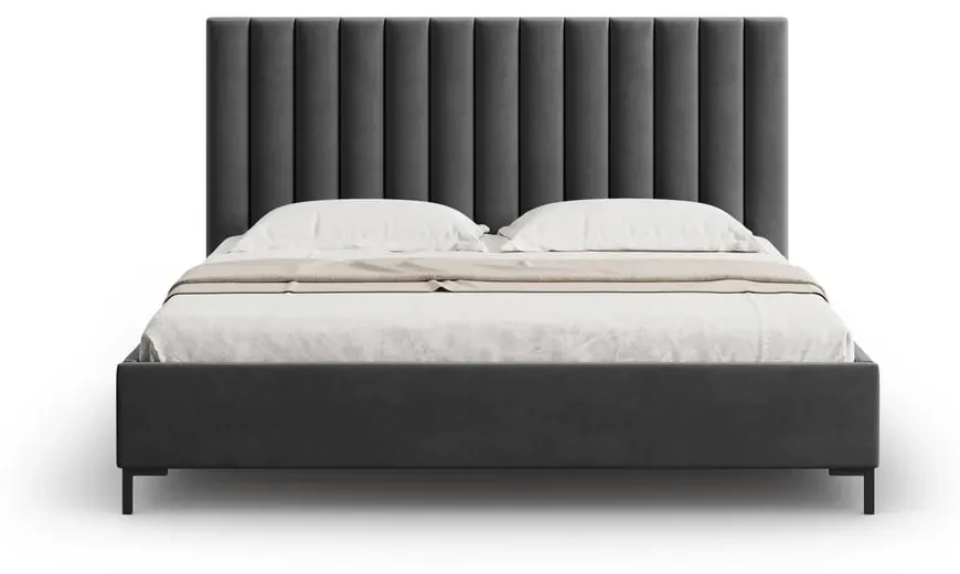 Ciemnoszare tapicerowane łóżko dwuosobowe ze schowkiem i stelażem 200x200 cm Casey – Mazzini Beds