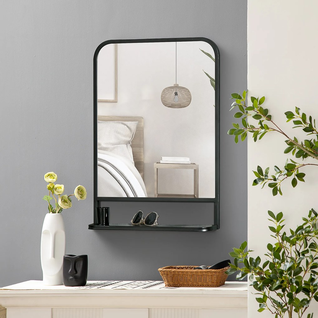HOMCOM Lustro Ścienne z Półką 70x50 Metal Czarny Srebrne Zaokrąglone Krawędzie Stylowe | Aosom PL