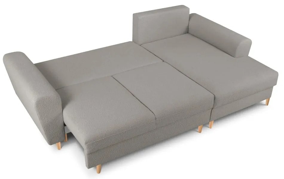 Jasnoszary rozkładany/ze schowkiem narożnik z materiału bouclé (prawostronny/z szezlongiem) Kyoto – Cosmopolitan Design